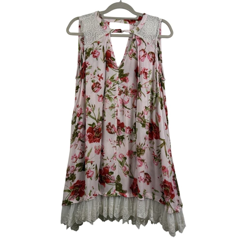 Bloomcore Umgee Pink Floral Rose Mini Tent Dress Medium Lace Crinkle Cottagecore
